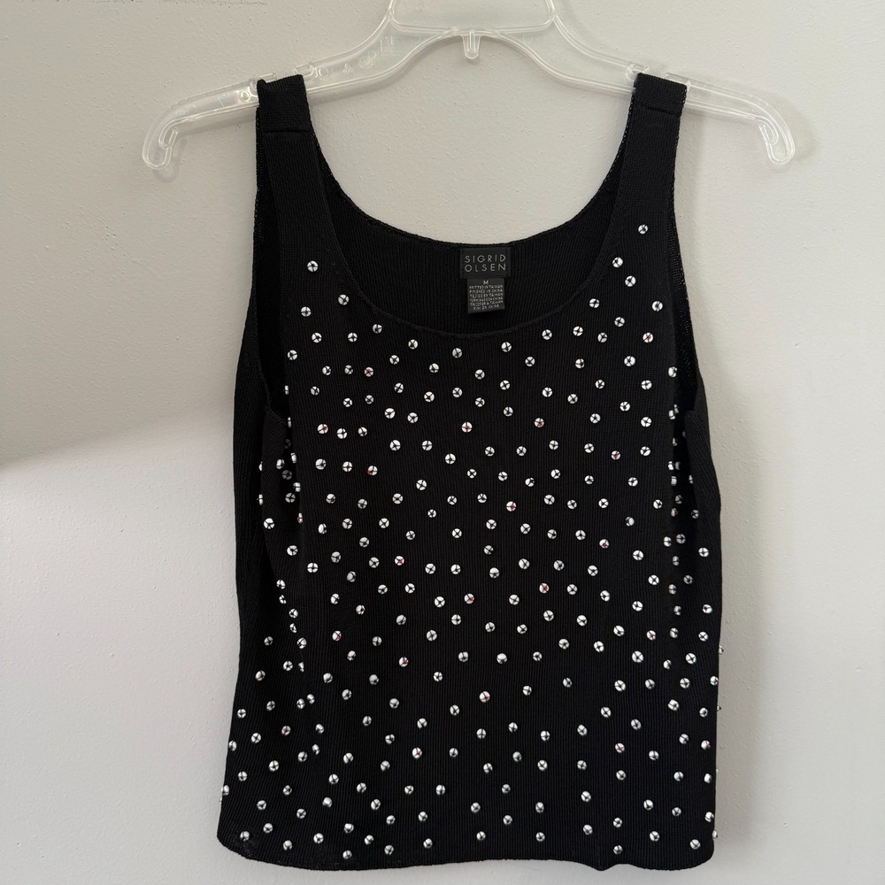 Sigrid Olsen Crop Tank Women's Medium Black‎ Knit Beaded Front Slinky Top